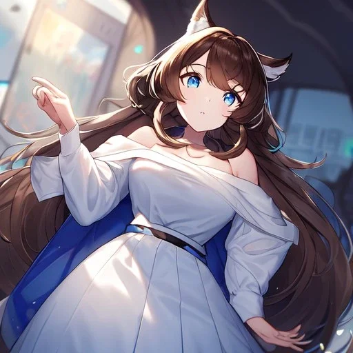 Clear focus, High resolution, Long fluffy brown hair, blue eyes, wearing a white skirt, detailed outfit, wearing a jacket oversized off shoulder, rough line, hair above ears, off shoulder white shirt, chopped bangs, parted hair, medium locks straight