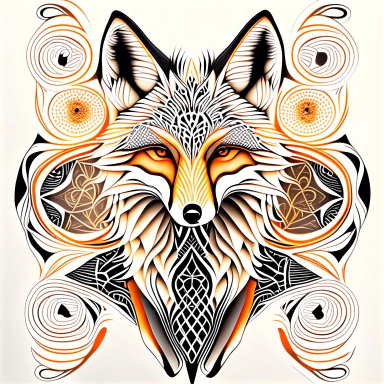 Fox symmetrical design ink art colours orange cream white and black hyper-detailed realistic 8k