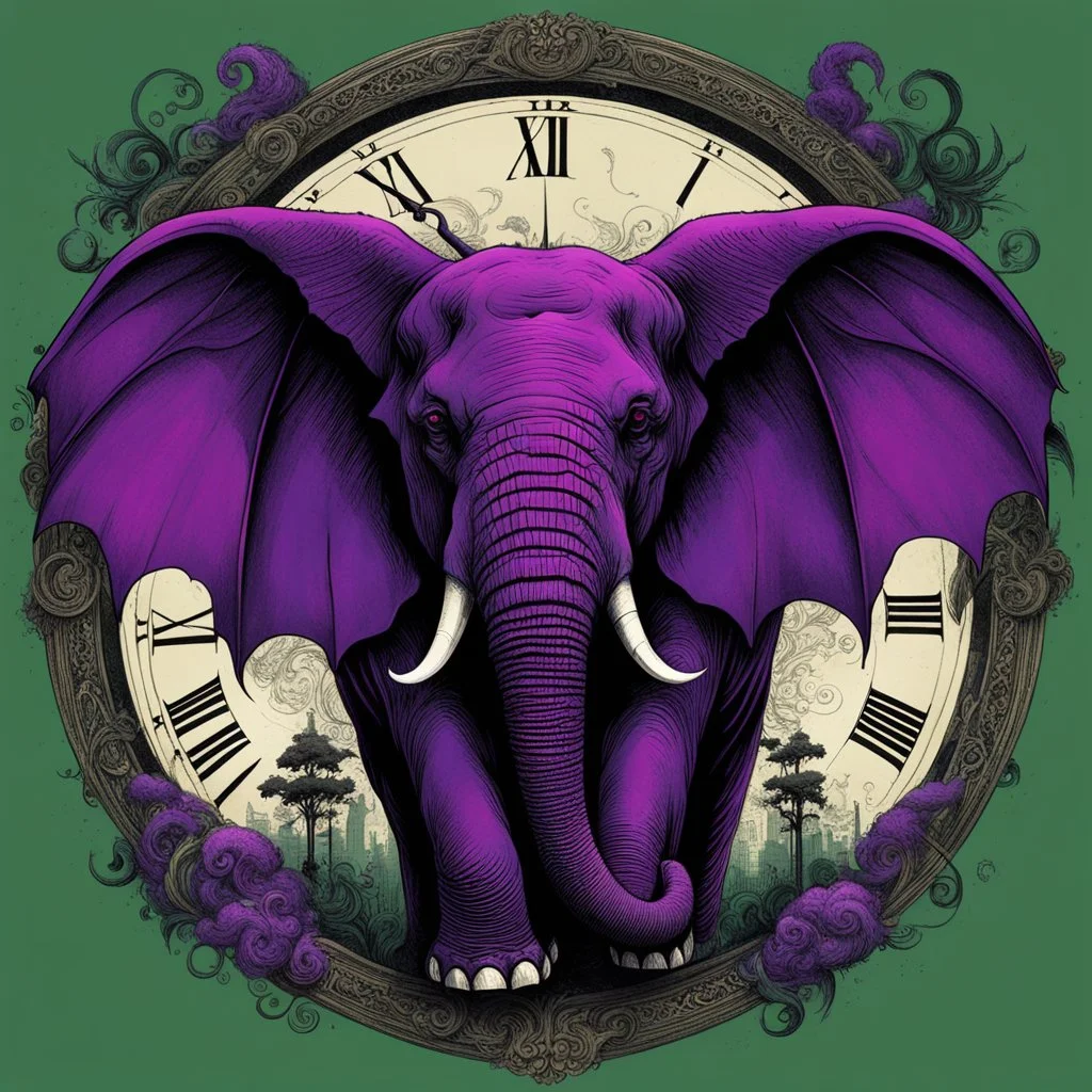 color Ink illustration by Phillipe Druilett, heavily inspired by the unsettling symbolism of Virgil Finday and Alexander Jansson, Demonic bat Winged Purple Elephant, wings coming from shoulders, large round clock embeded in the elephant's forehead, taken from a slight anglered and dark_green and black color scheme dominating the artwork, grim narrative, smooth illustration, chilling Eldritch motifs, UV reactive color slashes, textured surface, ominous representation, unsettling.