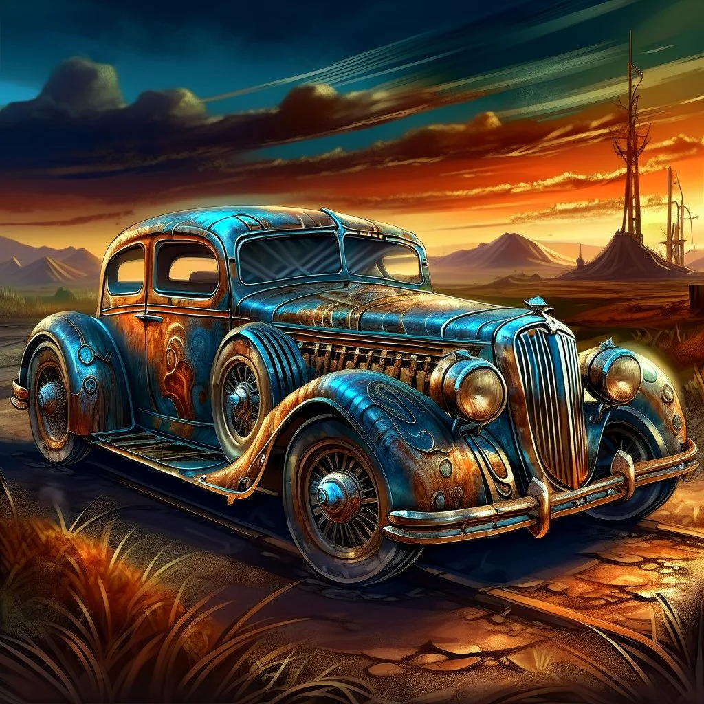 PROMPT: Detailed illustration of a [CAR], metallic body in [COLOR], with subtle rust spots and faded paint details. The car is parked, chrome accents and custom wheels catching the light. The background shows [SCENERY], with a [SKY GRADIENT COLORS]. The style is cinematic, bold, and vibrant, masterpiece digital painting with high detail and game-art inspired realism.
