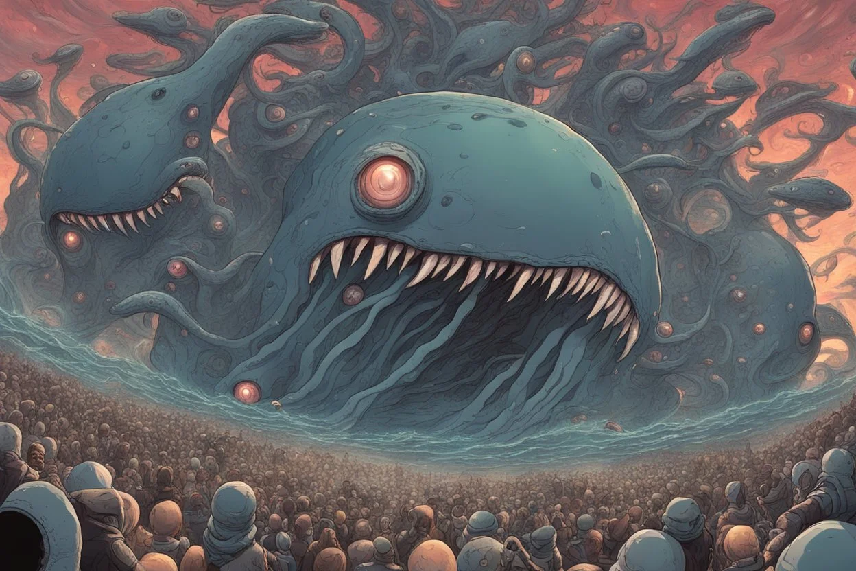 View into an event horizon in space with many enormous strange tentacled whale-like creatures with huge faceted eyes and mouths, flying around