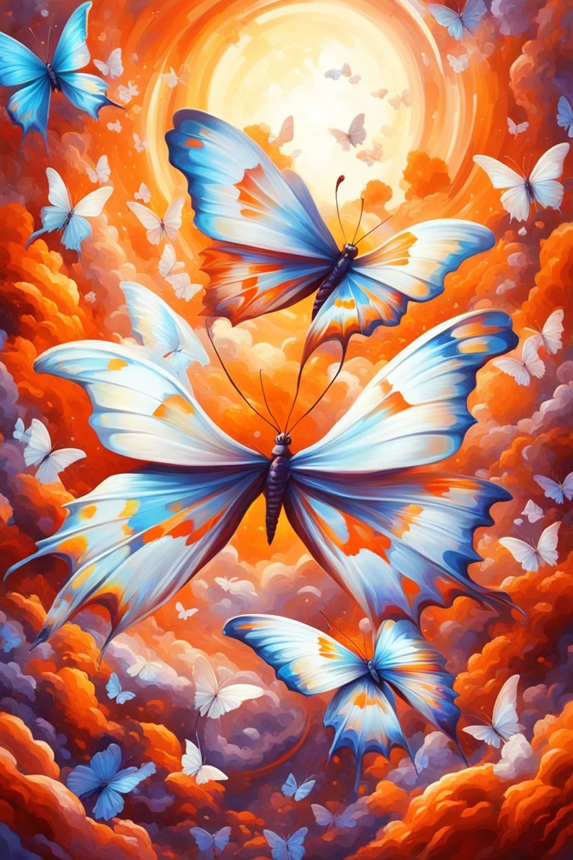 vibrant psychedelic oil painting image, airbrush, 64k, cartoon art image of background ORANGE and WHITE BUTTERFLIES , futurism style