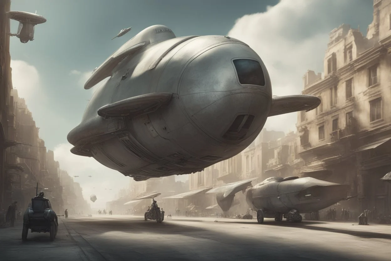 small, sleek, cargo spaceship, looking like the flying sub, landing on an alien street