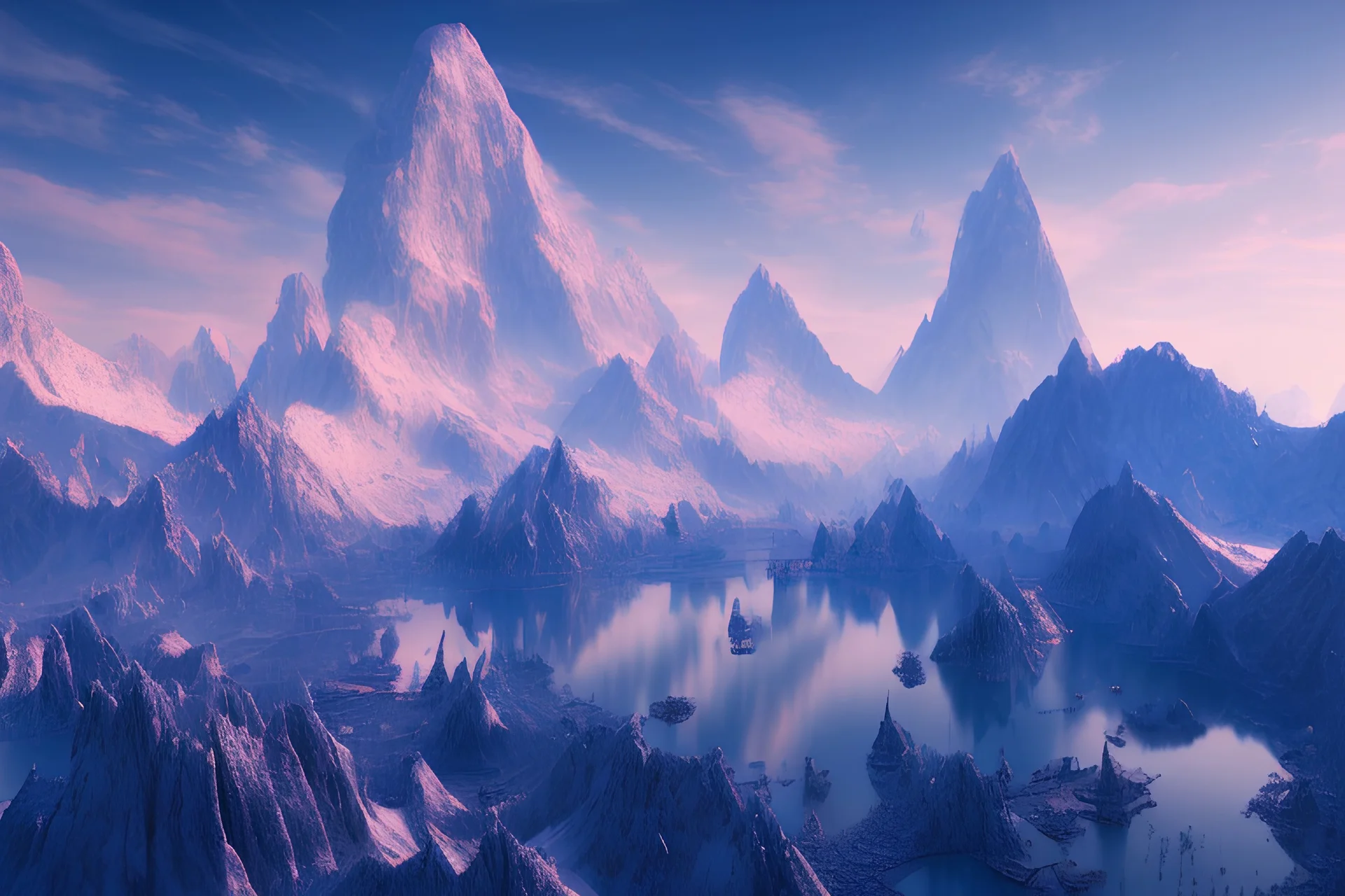 A crystal blue lake centered around mountains, high resolution, realistic, beautiful, volumetric lighting, colorful, masterpiece, crystalline, strong blue color, detailed, aerial view, 8K, intricate details, cyberpunk, cosmic