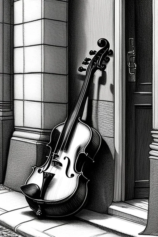 One single mature homeless cat sleeping in a corner on the street, violin case, Vienna, mourning, model style, hyper realistic, extremely accurate, delicate, extremely detailed, Graphic novel style, wide-angle, open aperture, superfine pencil