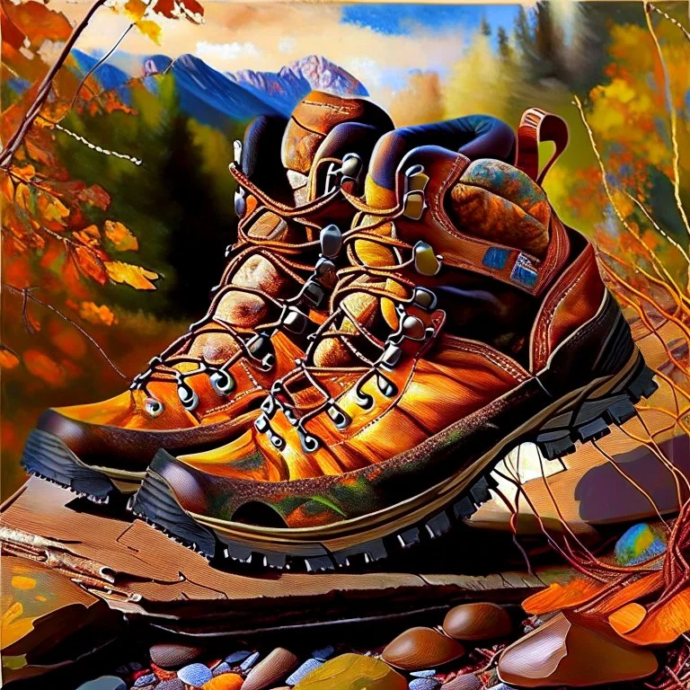 brown hiking shoes, art, acrilyc colors, bright, masterpiece, realistic