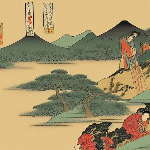 Ukiyo-e style illustration of mountain landscape armor gold high detail