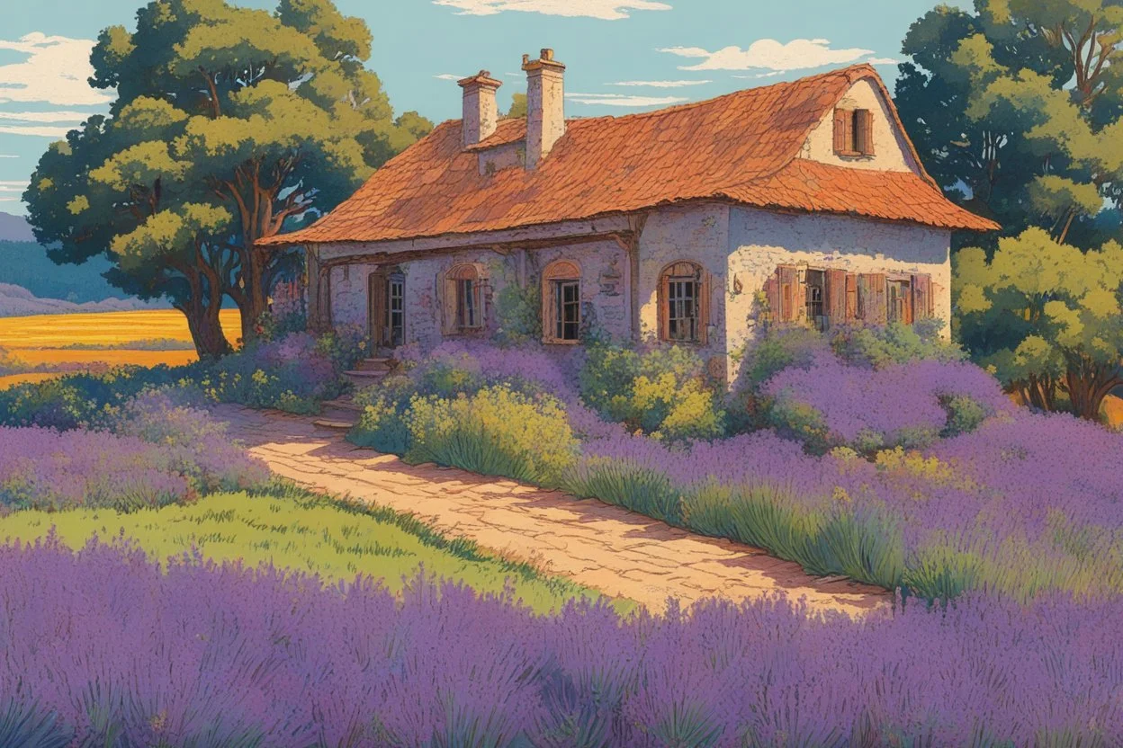 museum quality color woodcut landscape of a fanciful 1920's ramshackle and dilapidated French country cottage nestled amidst the lavender fields of Provence, on a blissful summer morning, in the style of Gustave Baumann, with a fine art aesthetic, highly detailed, finely cut ,8k render, soft early summer colors