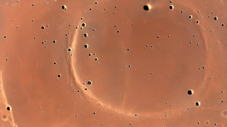 A Tesla semi-truck is racing at top speed, across the 'Cydonia' region, on planet Mars. CINEMATIC. WIDE ANGLE LENS.