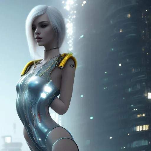 beautiful cyberpunk girl silver and gold hair, falling, on top of tall building, 4K, 8K, detailed, body suit