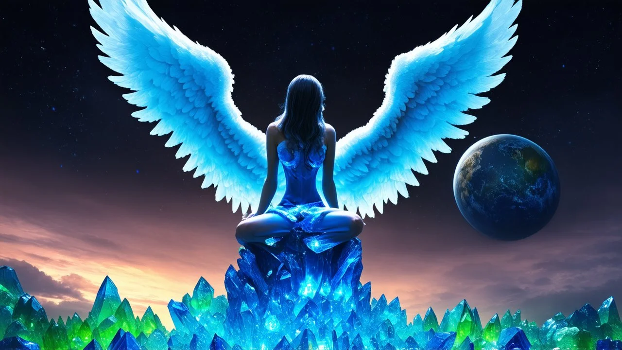 angel with a wings siting on the blue monolith made of blue tiberium crystals of lights, matrix universe, planets on the back grounds, green crystals of tiberium on the life and right