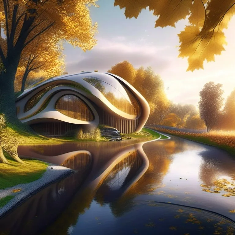 Zaha Hadid style country house hyper-detailed hyper-realistic trees river autumn sunny weather people 8k