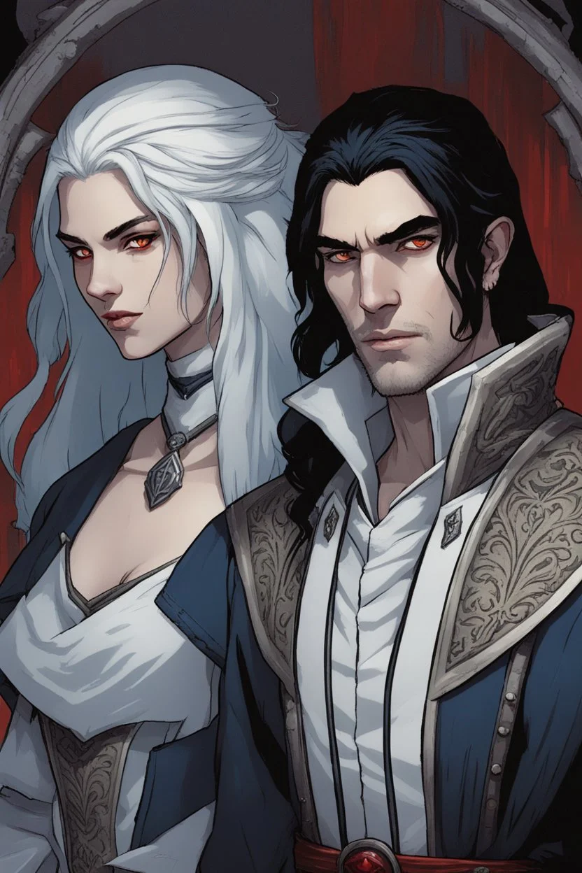 A couple, from the dnd game curse of Strahd. The woman has long white hair and blue eyes, the man has LONG BLACK hair and red eyes, no facial hair.