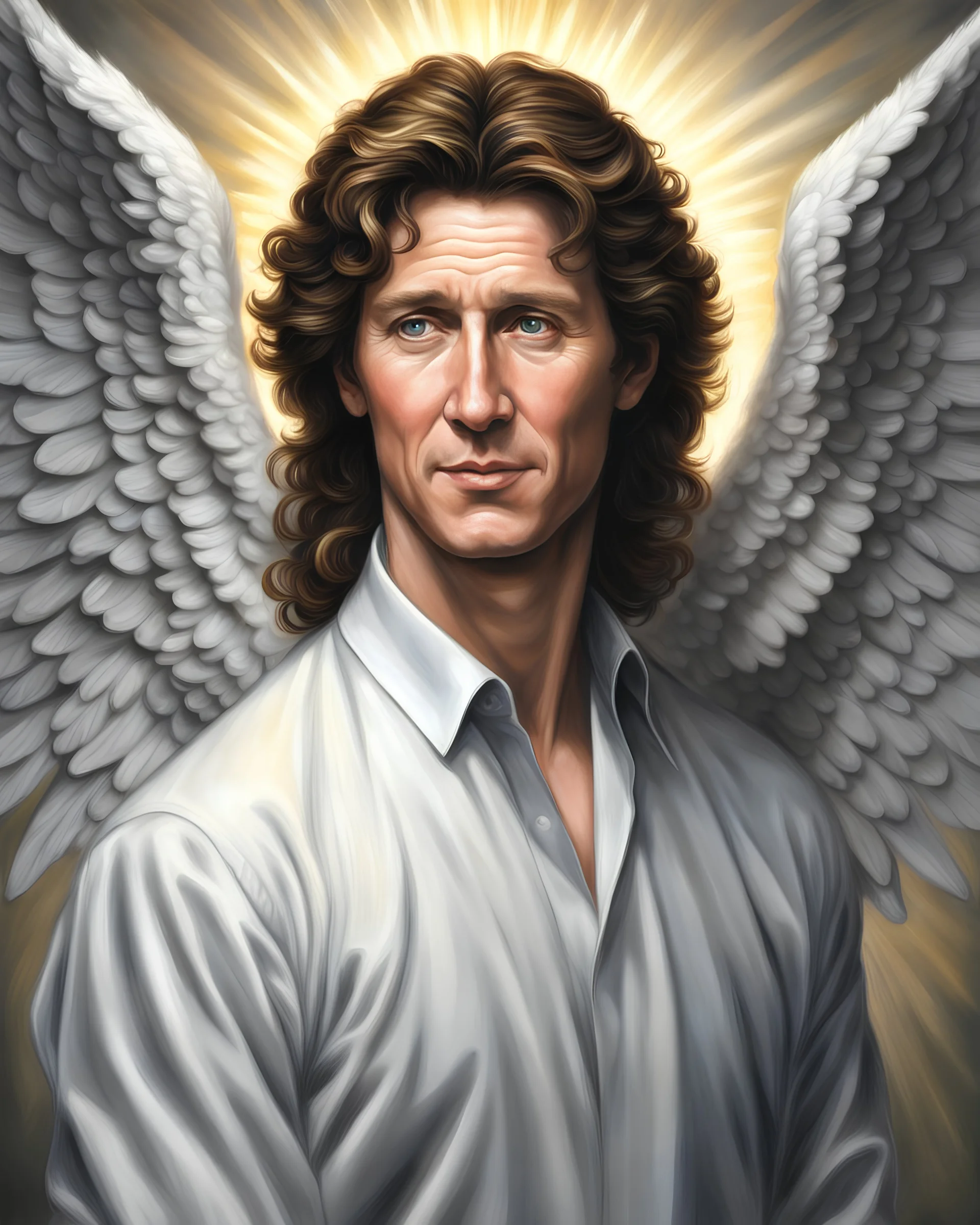 Joel Olsteen as an angel of the lord, with a mullet, Chiaroscuro, hyper realism, realistic, highly detailed, high contrast , sharp.