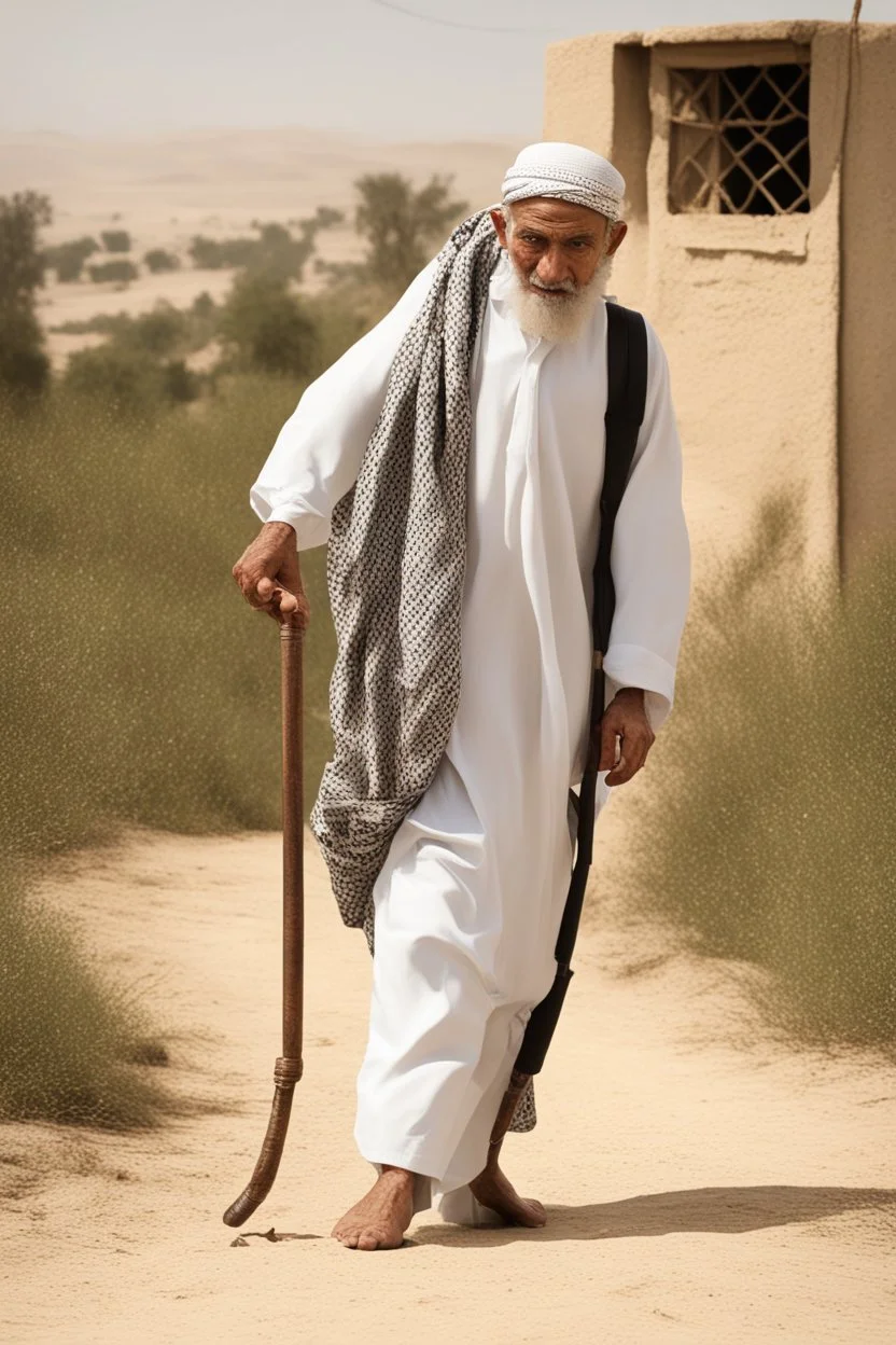 An old man wearing an Arabic keffiyeh, his back bent, walking barefoot, holding his cane upside down, looking back and holding his shoe in his hand.