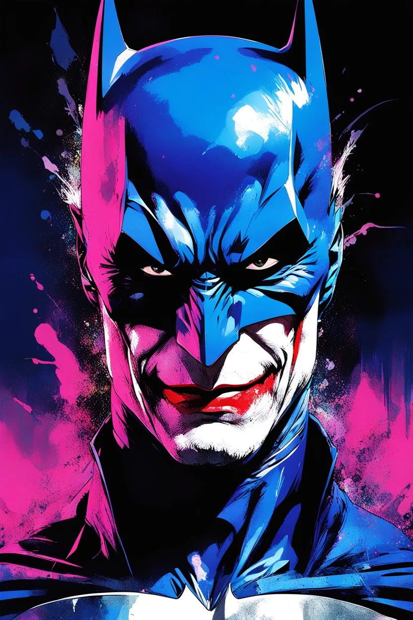 Poster in two gradations, split in half, one side "batman", other side "joker", midline of the face, painting by Yoji Shinkawa, dark blue and pink detailed iridescent, metallic, translucent, dramatic lighting, hyper futuristic, digital art,