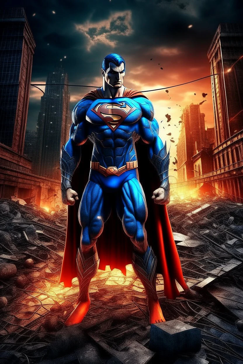 Realistic Outline Art Cinematic Lighting Superman.Advanced Batman High Resolution 3D Photo Cover Art With Witch Destroyed City Background Realistic Drawing Style Full Body Using Outline Mandala Style Clean Line Art Colorful Sky With Stars No Shadows Clear And Good