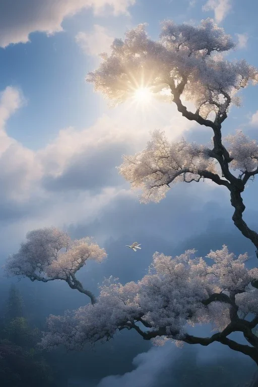 matte painting a beautiful digital painting of a marble tree entertwined in tumutluous clouds, intricate white branches and birds flying in the sunlight, blue sky at sunset, elegant, highly detailed, artstation, concept art, matte, sharp focus, art by tom bagshaw, kelogsloops and greg rutkowski