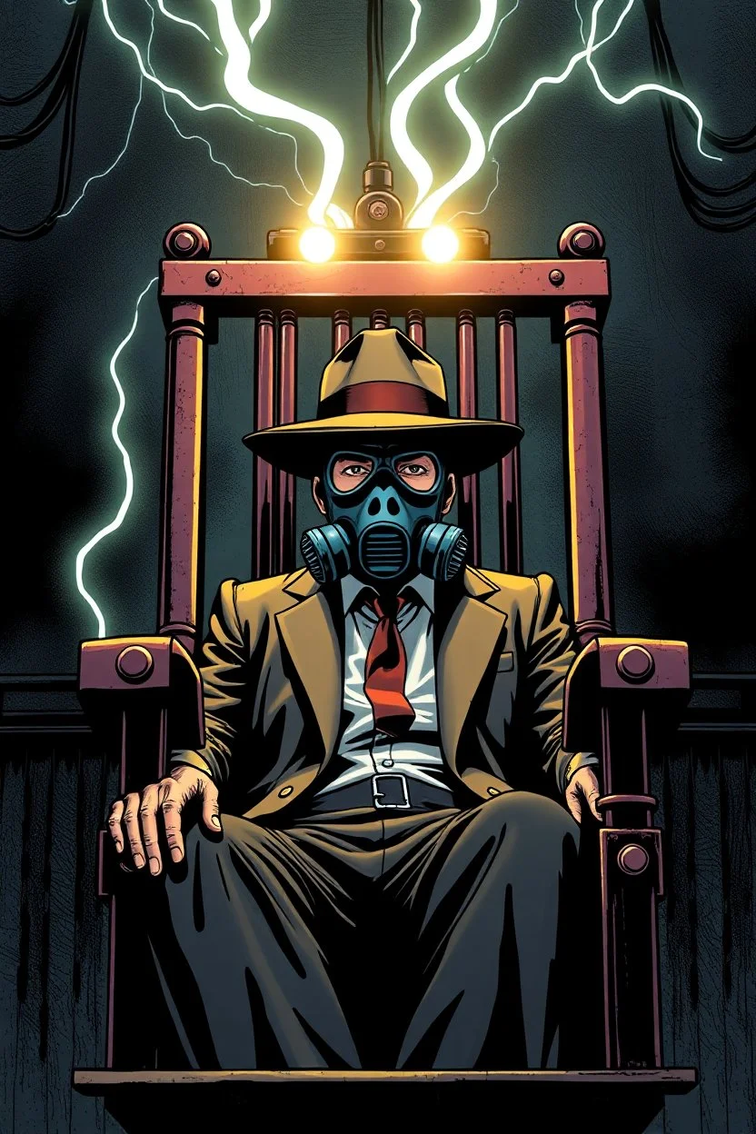an electric chair(center and main focus) with a man wearing a gas mask and wide brimmed flat top hat, graphic novel