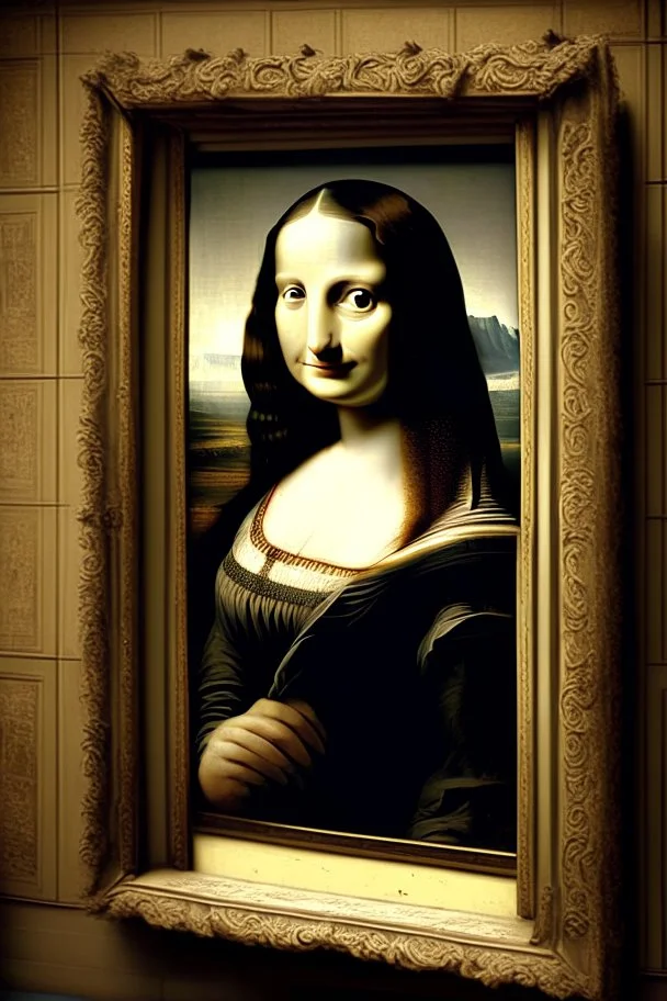 Mona Lisa, stepping out of the picture frame, at the Louvre