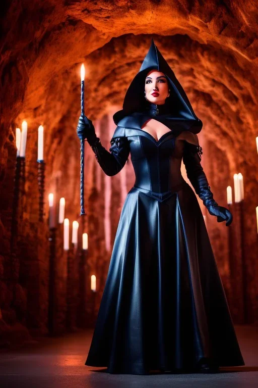 evil witch in black leather gown with a whip in her hand, big chest, stern face, inside a dungeon