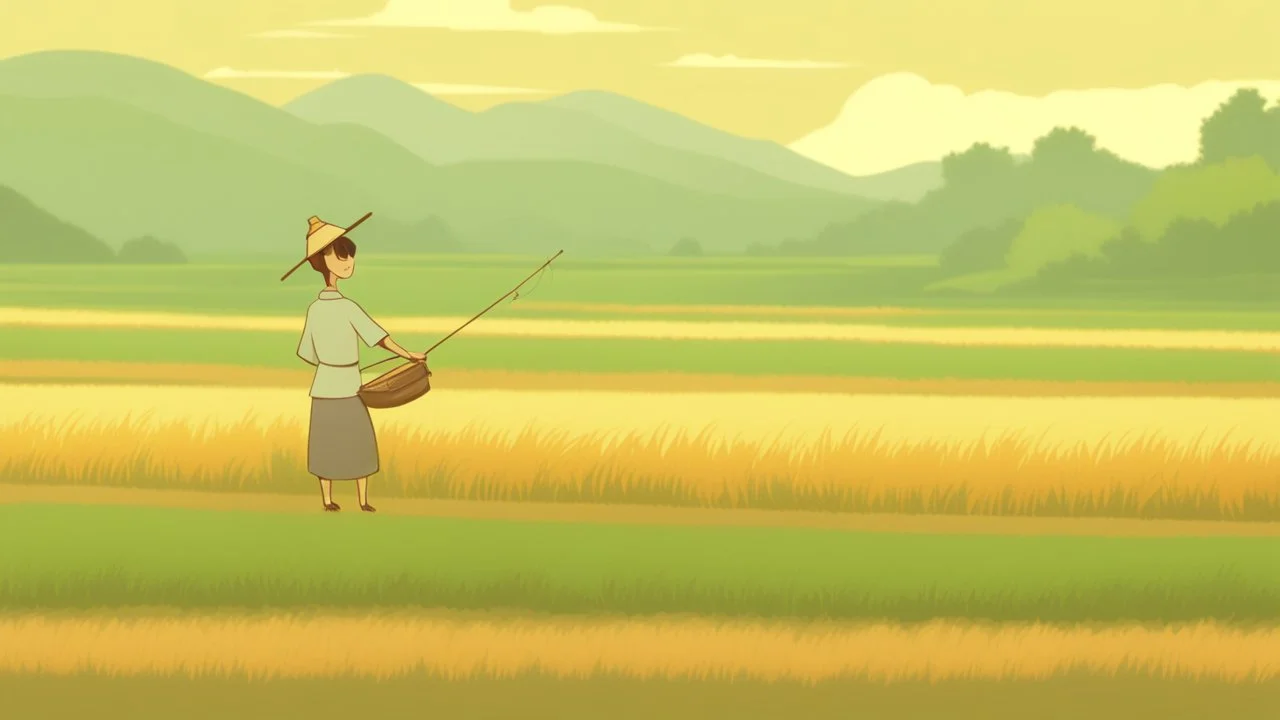 Rice field，Trees，Warm color palette，Animation，A lovely grasshopper，The laborer catches the grasshopper