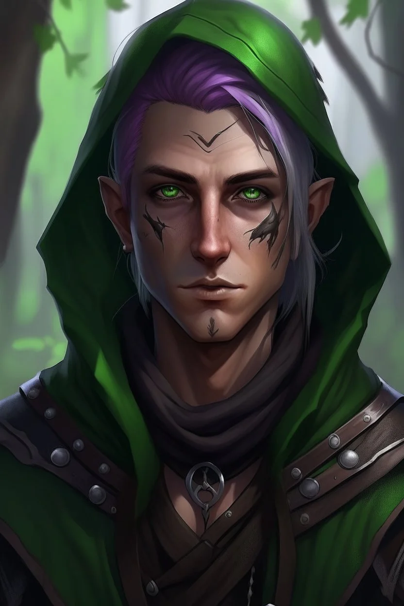 Portrait of 35 year old gender neutral rogue elf, thief assassin, mauve hair, bright green eyes, brown skin, black hood, black leather armor, messy, disheveled, trees, sneaky