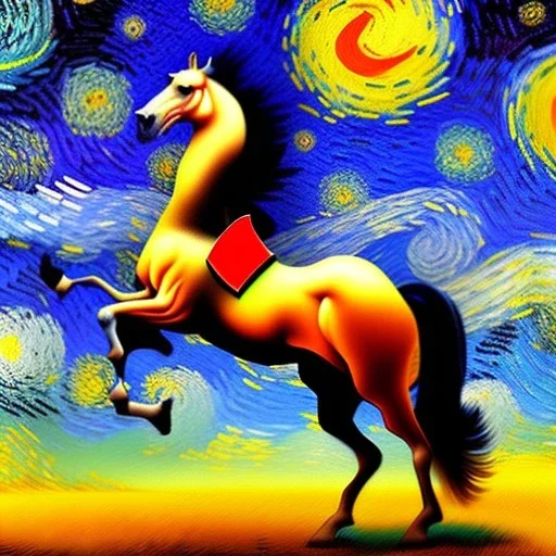 Dibujo al oleo de un caballo con nubes de colores estilo Vincent van Gogh