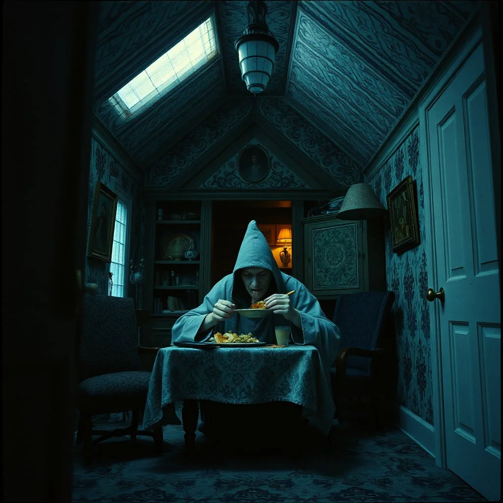 Photograph, strong texture, photorealism. Intricate patterns, hypermaximalist. Photo made of inside house, an eerily mysterious, hidden and odd person is eating, a witchy house, sober style, pastel colors. Movie shot, spooky. Sinister scribbles, 33mm photography. Beasts