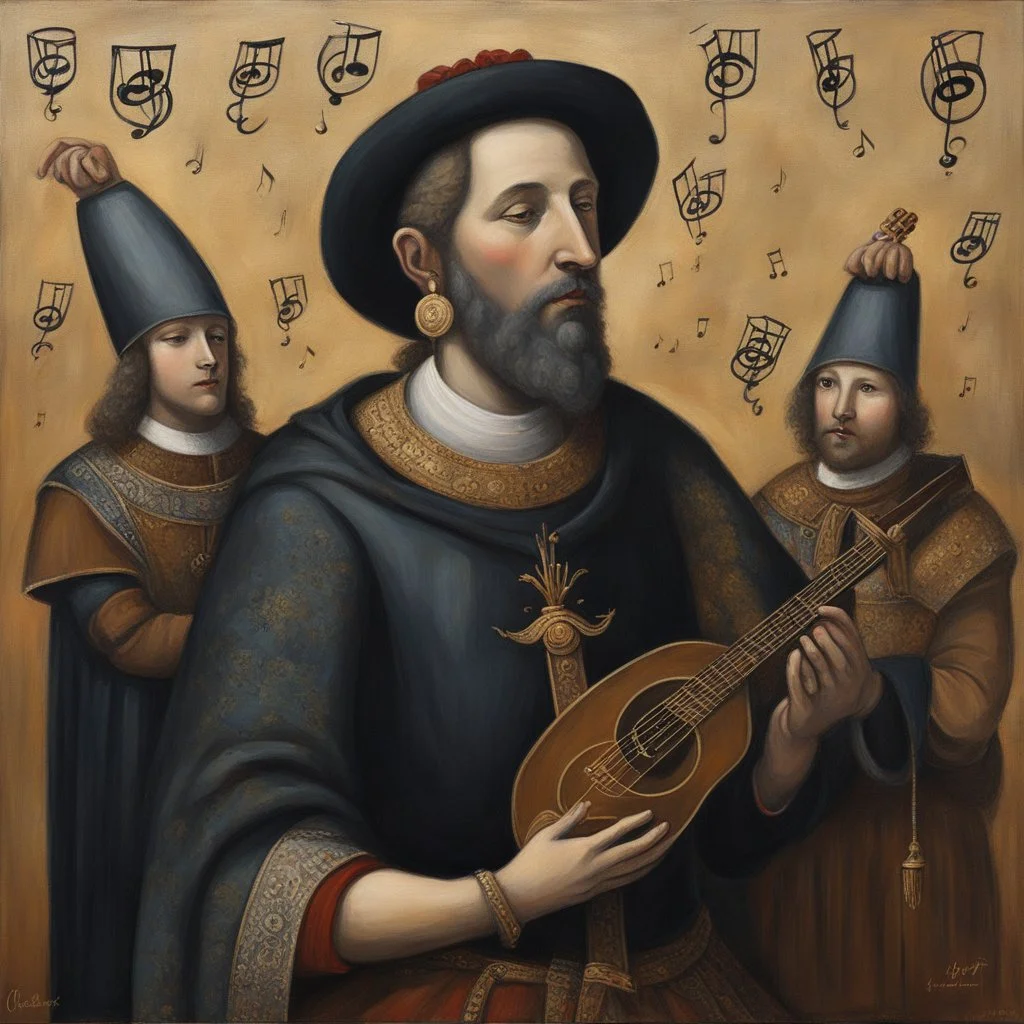 This original painting portrays the indifference of ordinary people toward the songs of minstrels. The head symbolizes a commoner, with musical notes representing the melody passing straight through from one ear to the other. I chose a somber tone and a medieval aesthetic to reflect the historical context in which the piece is set.