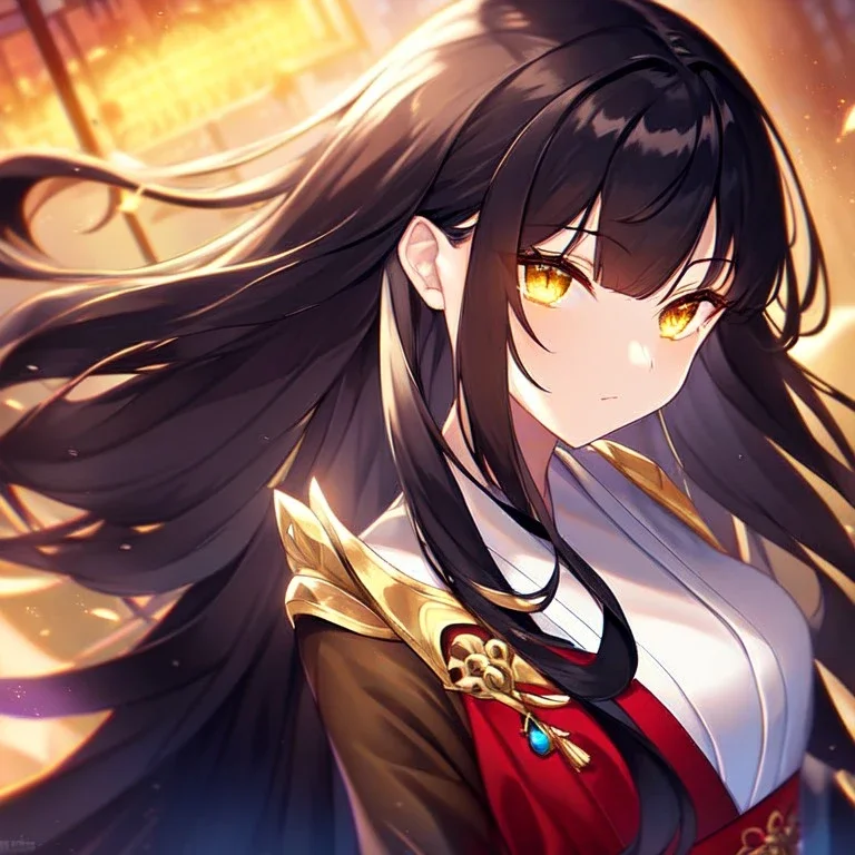 girl, masterpiece, best quality, volumetric lighting, detailed outfit, perfect eyes, black hair, golden eyes, long hair, kimono,