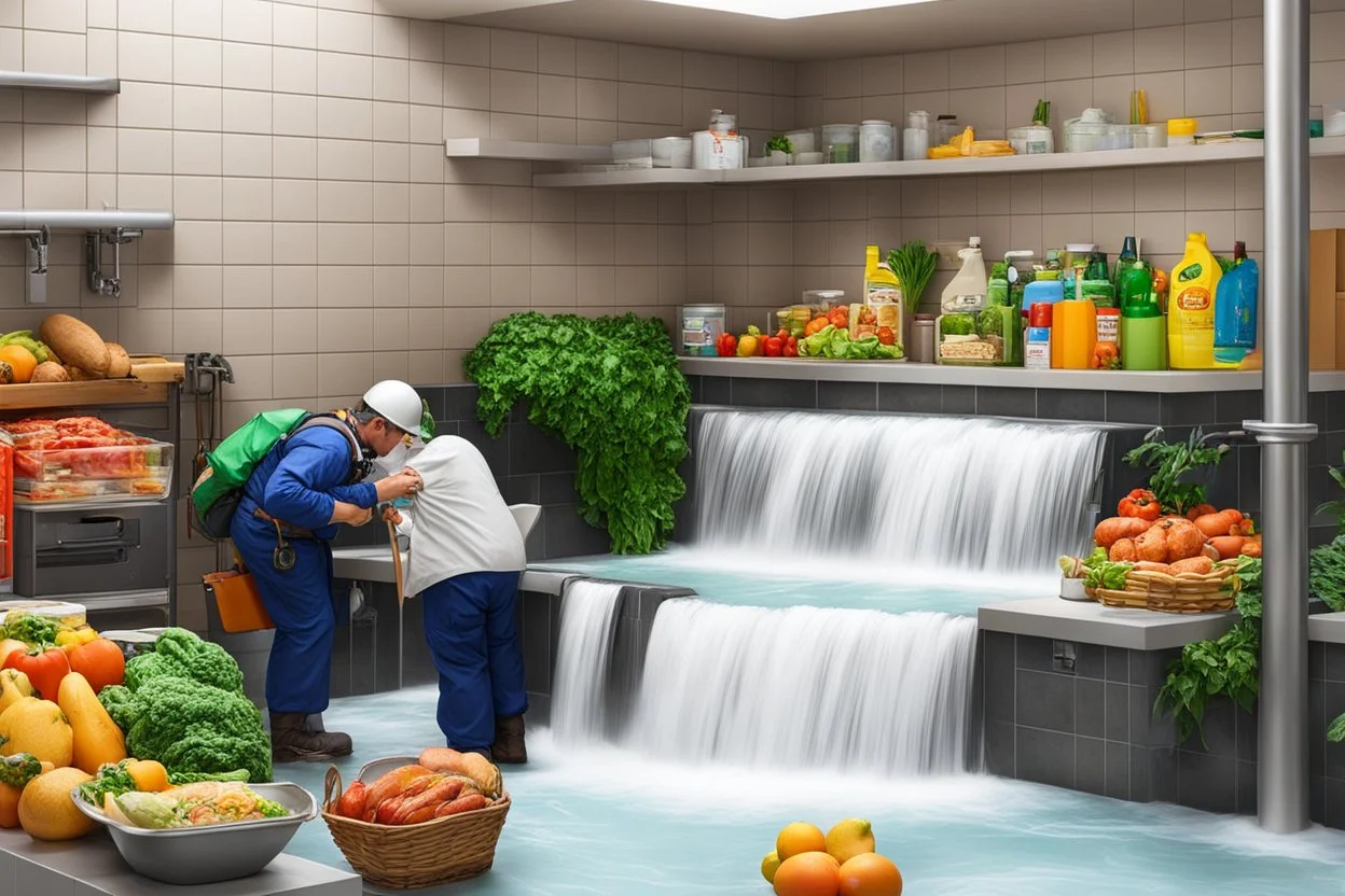 several plumbers are fixing the waterfall in the bathroom, while the grocery delivery guy brings too many food