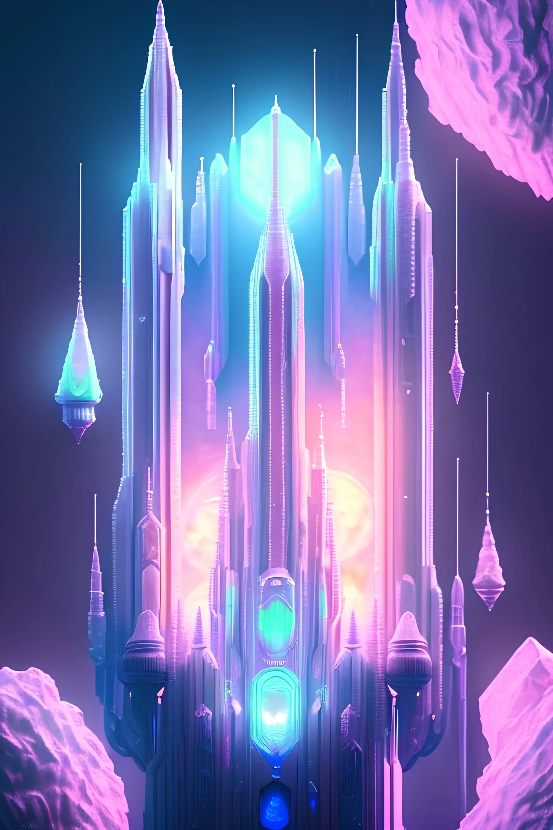 very small and prety Cristal white castel , couleur bleue forte et rose pâle, détaillé, vue de face, 8K, détails complexes, cyberpunk,soleil couchant crystal city crystalline in the sky, renderin, room, cosmic, opalescent, 100mm, opalescent, gemstones, crystals, object, other worldly,water, cristal rock ,bright, ice backg