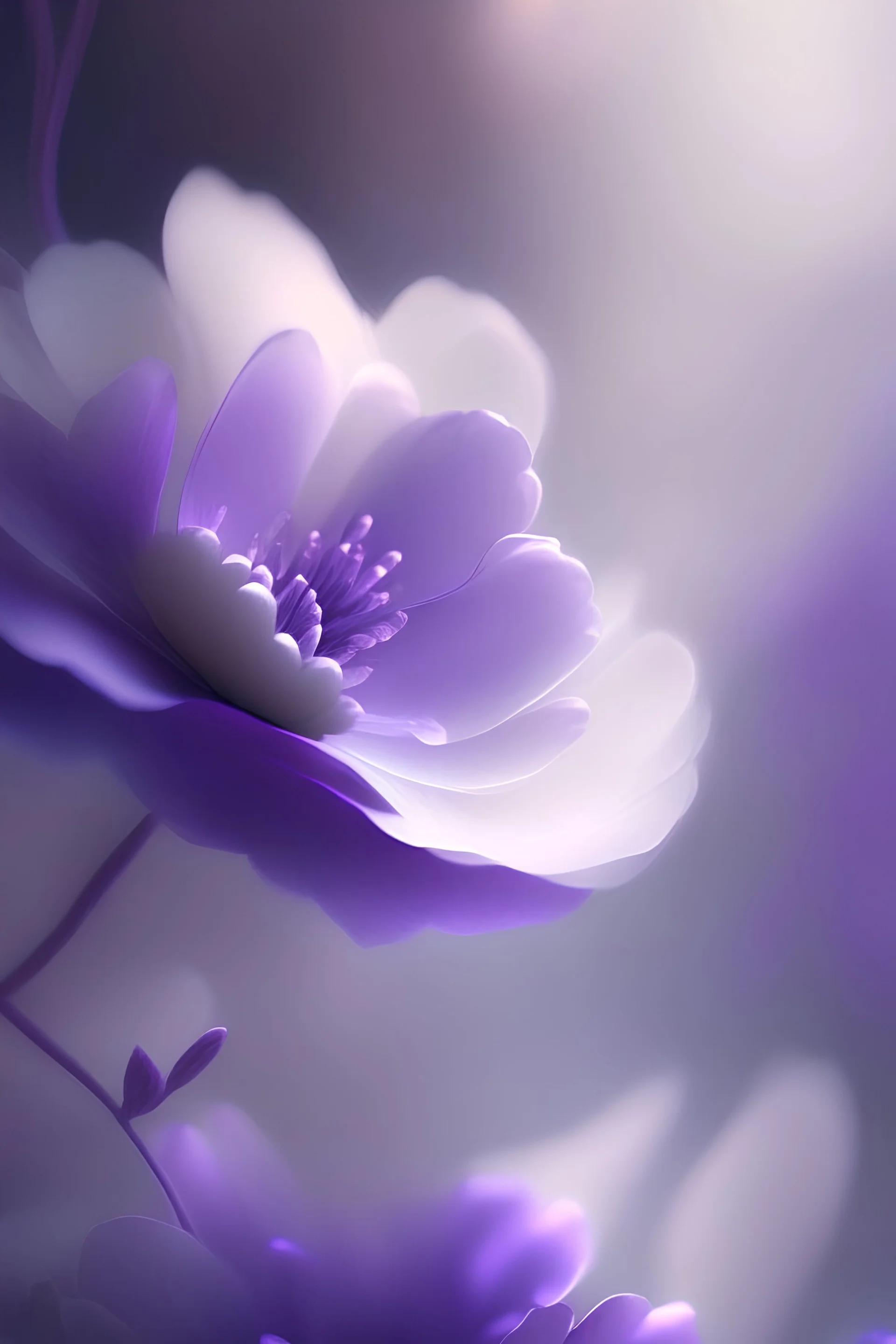 Soft purple colors, floating, ambient music, soft light, relaxing image, flowers, pro Shoot, detailed, realistic, 4k