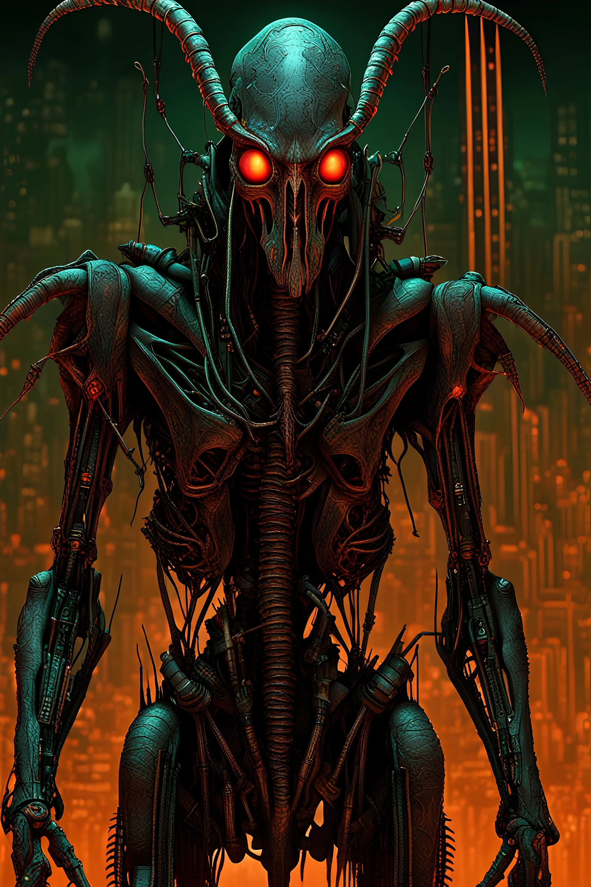 cybernetic Devil Mantis-- idolomantis made of:(electronics and illuminated neon wiring and machine parts) by:(h.r.Giger, Wayne Douglas Barlowe , philip jackson, alphonse mucha) camouflaging and mimicking postapocalyptic city background by Zdislaw Beksinski hyperrealistic, 8k resolution, concept art,dark,high contrast,poster art"