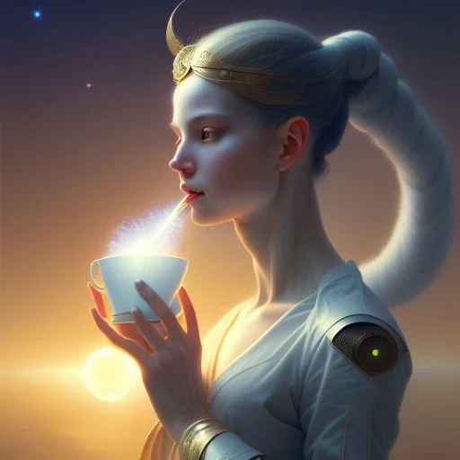 A woman drinking a cup of cosmic energy bright light, illustration by Ruan Jia and Mandy Jurgens and William-Adolphe Bouguereau, Artgerm, 4k, digital art, surreal, anime style, space dandy style, highly detailed, godsend, artstation, digital painting, concept art, smooth, sharp focus, illustration by Ruan Jia and Mandy Jurgens and William-Adolphe Bouguereau, Artgerm