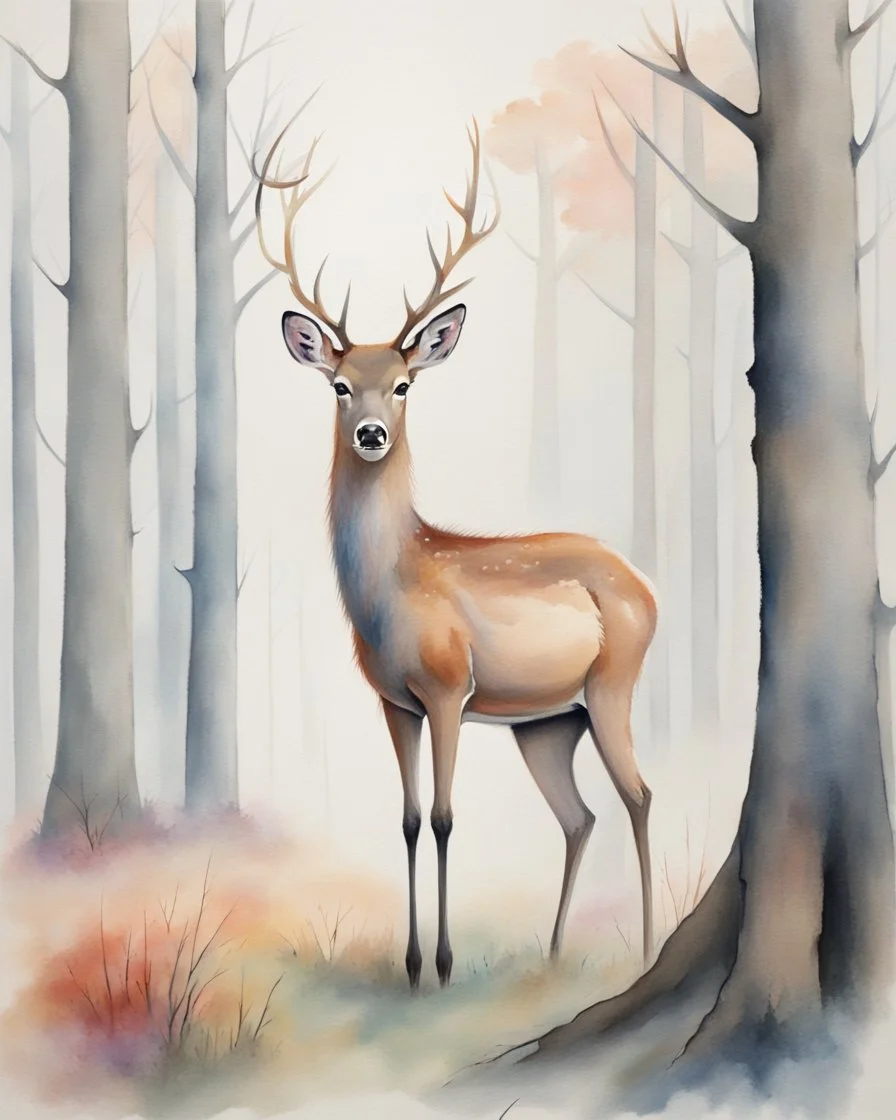 deer with antlers standing sideways, looking at viewer, realistic water color painted, among tall simplified tree trunks, foggy, pastels, colorful