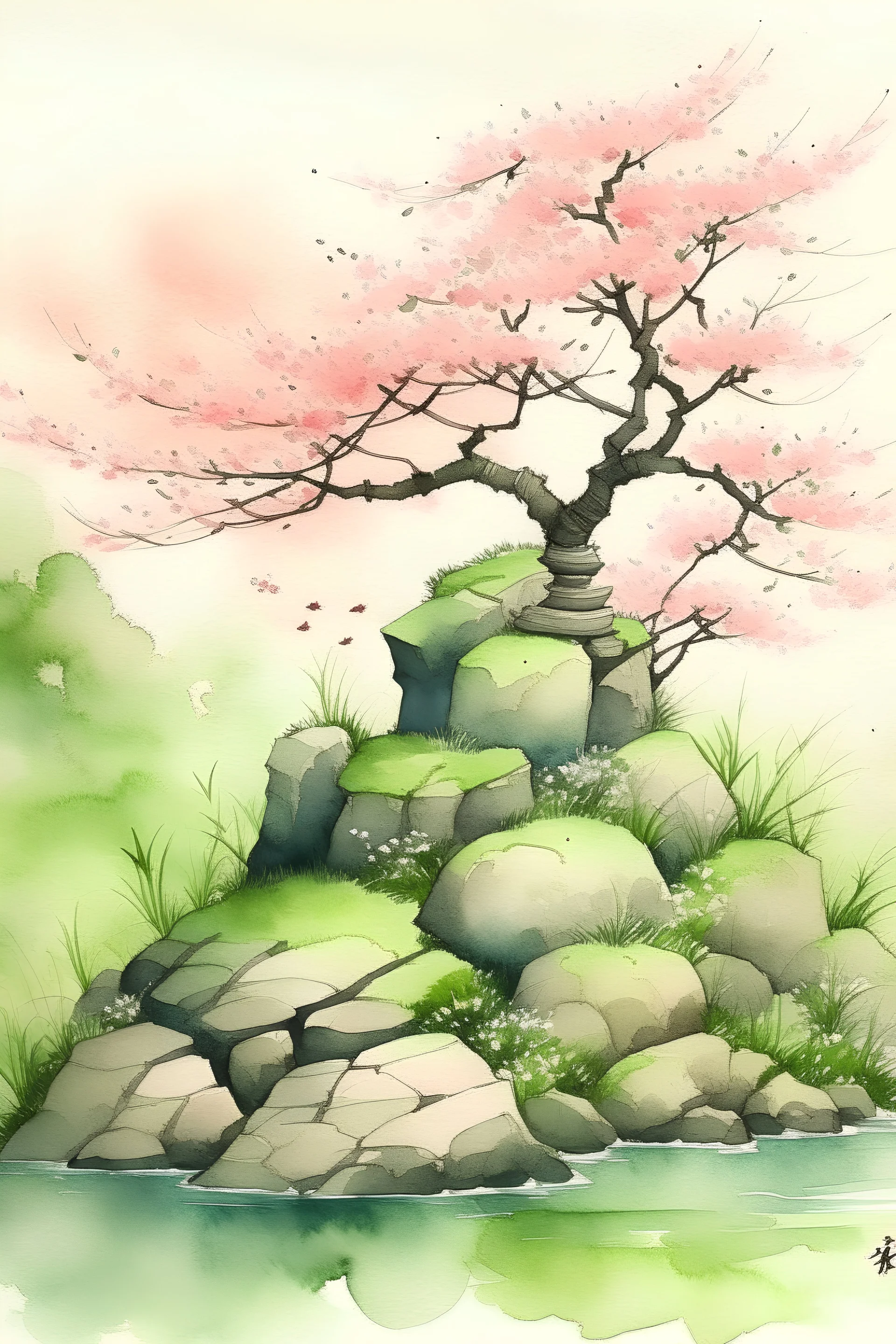 Japanese style watercolor of a Japanese garden, moss-covered stones, a delicate cherry blossom tree in bloom, soft muted colors