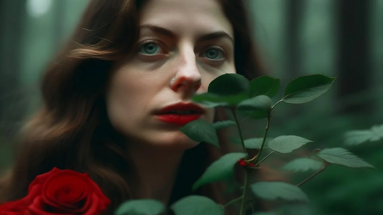 Close-up of a red rose with green leaves against a background featuring a woman's pale face with visible nose and mouth, and dark wavy hair, surrounded by a foggy forest