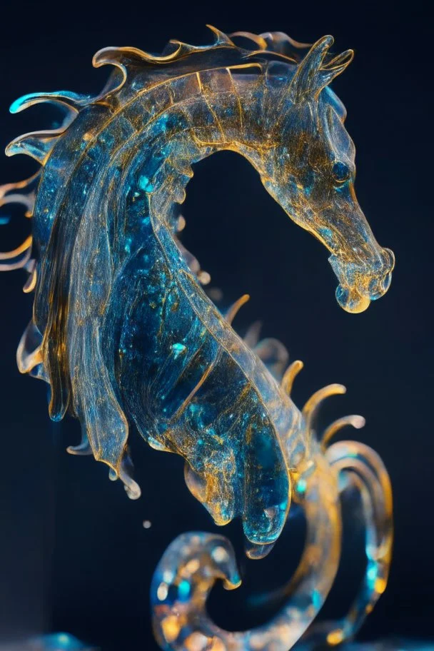 portrait of glass sea horse sculpture with indentations, art, 4k, high detail, trending art, depth of field, volumetric light, dramatic lights