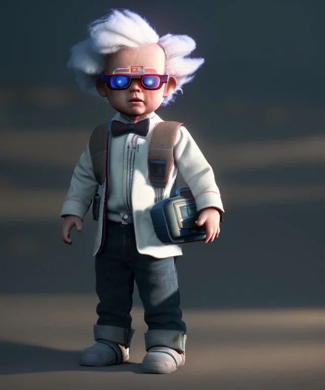 Emmet brown toddler, full body, delorean, dramatic lighting, hyper realistic