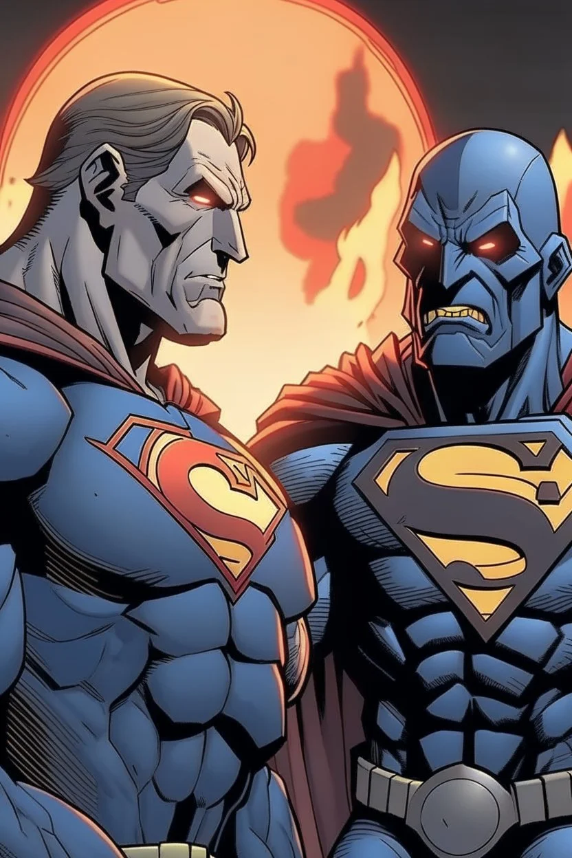 generate Darkseid very happy singing a song with Superman