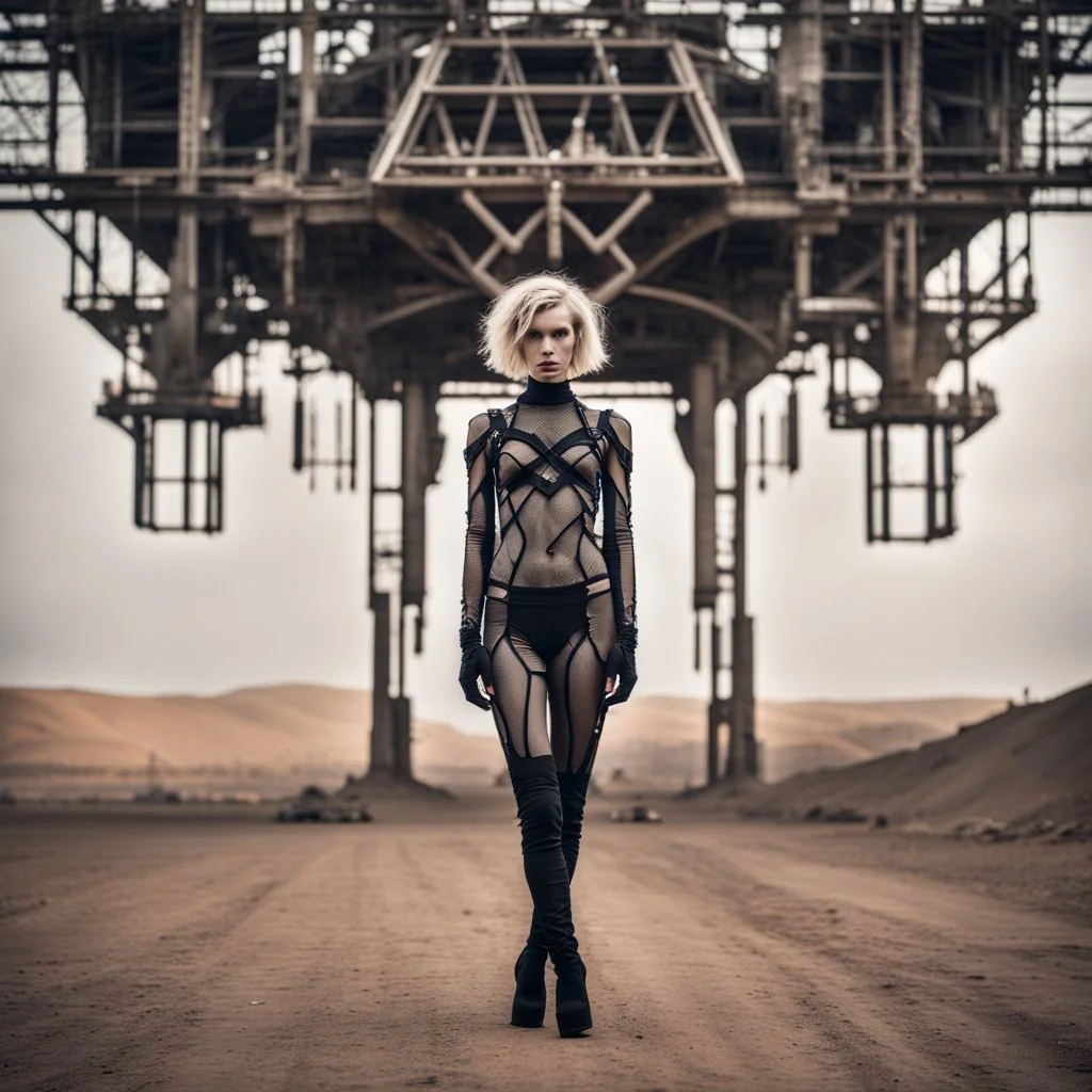 beautiful caucasian half cyborg woman, black metal body and limbs, chrome details, anorexic figure, short blond wavy bob haircut, dystopian, desert scene