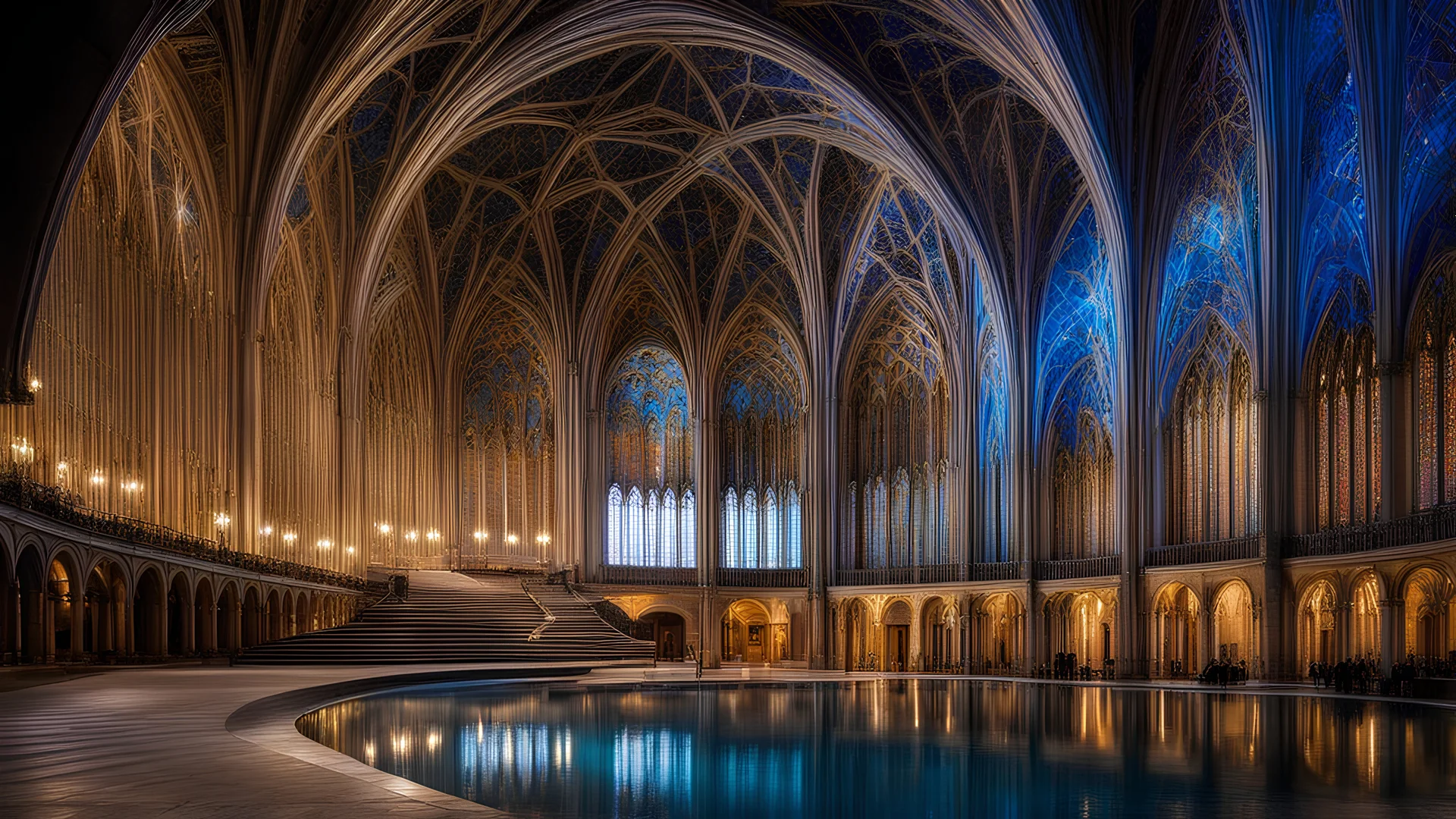 2025, delightful, sensitive, confident, undulating sinusoidal cathedral with pointed hyperbolic roofs, delicate, night, darkness, water features, exquisite architecture, innovative design, award-winning photograph, beautiful composition, filled with beautiful detail, delicate colour, chiaroscuro