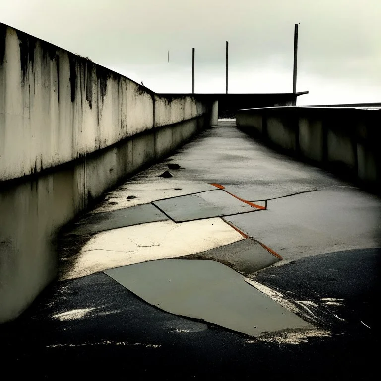 Minimal abstract oil painting in a desolate 1960s carpark concrete fragments and road markings. Broken pipes. Blurry outlines. In the style of Justin Mortimer and Francis Bacon.