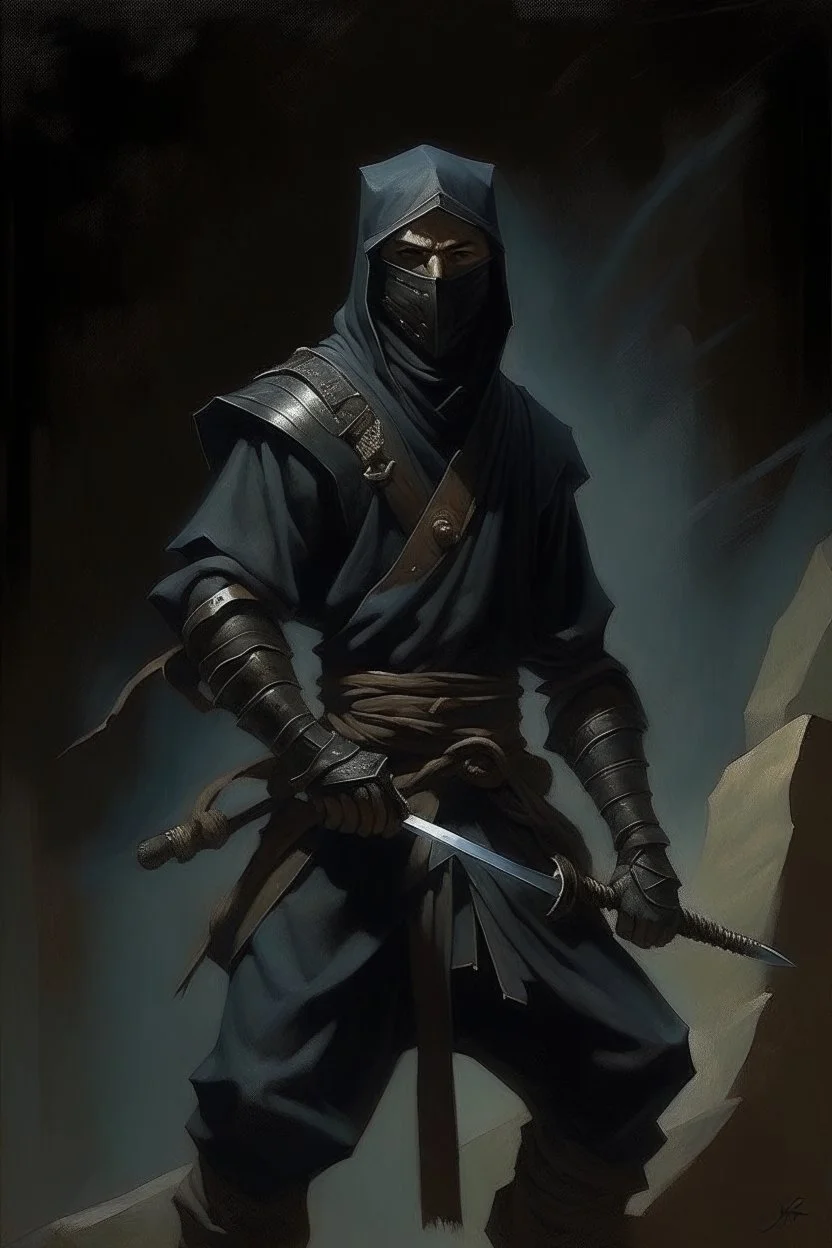 1970's dark medieval fantasy cover dnd style oil painting of ninja with minimalist far perspective.