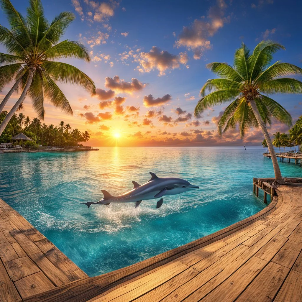 tropical island paradise, perfect photograph shot off a pier where dolphins swim nearby in azure waters, coconut trees lit against a brilliant sunset, photorealistic, high-resolution, reminiscent of South-Pacific views, by Joel Rae, by Michael Kincade, high complexity detail, 64 megapixels, HDR