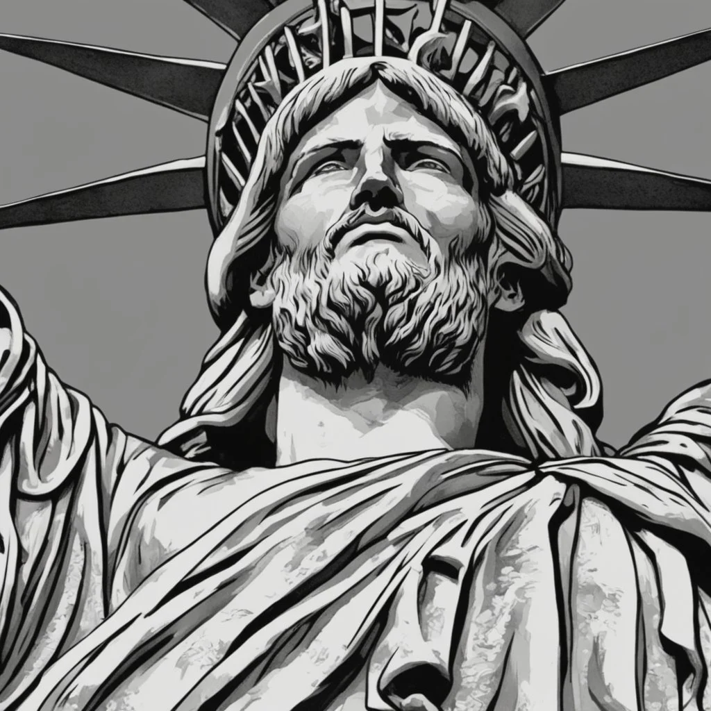 line toned, hedcut, wsj style, statue of Jesus of Liberty with a beard and wearing a cross and hanging from a cross, The statue male, hyperdetailed intricately detailed photoillustration ink drawing dystopian 8k resolution entire body of the statue is in the picture. digital illustration telephoto lens photography , same colors as the us treasury's one dollar bill, crucified"