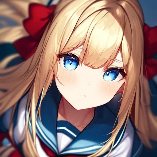 Clear focus,High resolution, Blonde long fluffy hair, long bangs, and blue eyes, Depressed girl, wearing a sailor uniform, frowning, red bow, Extreme Close up