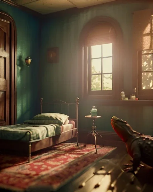 Room scene with alligator sleeping, Wes Anderson styler, realistic image, concept art, smooth, unreal engine 5, god lights, ray tracing, RTX, lumen lighting, ultra detail, volumetric lighting, 3d.